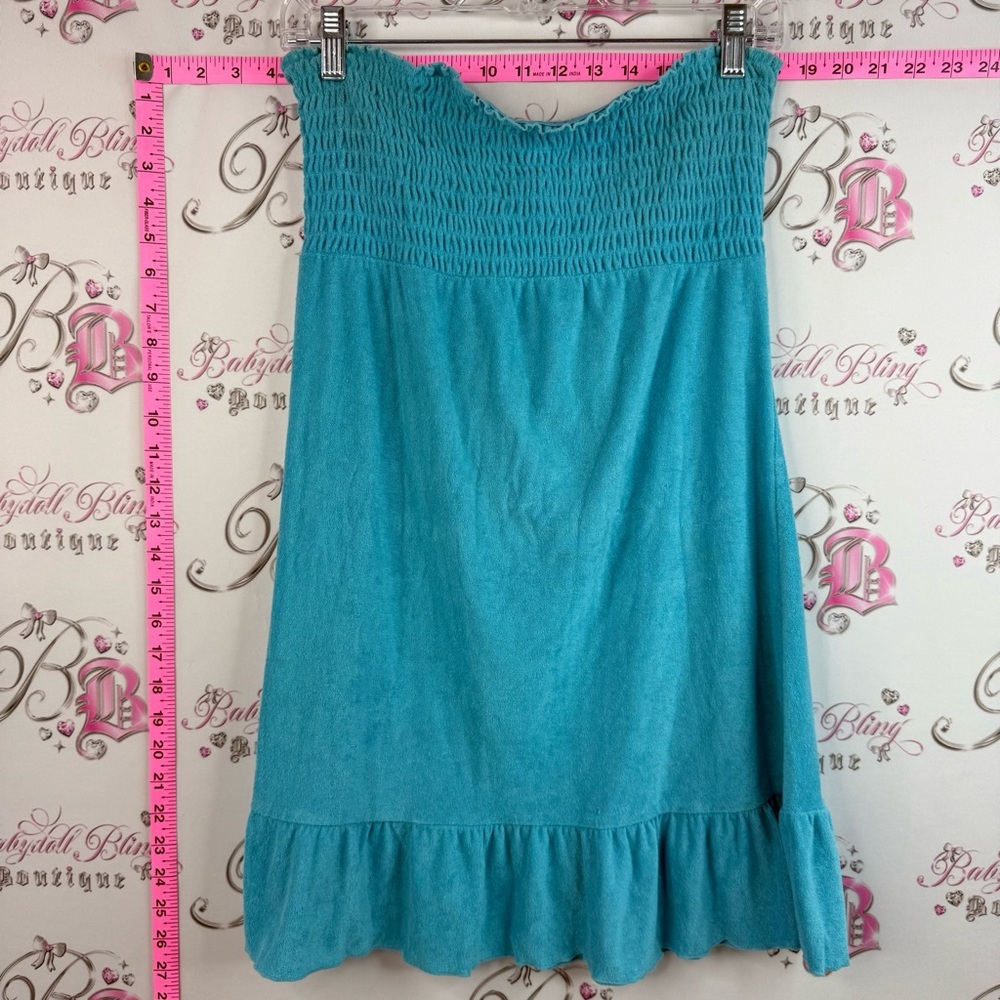 Dress terry cloth ruffle hem tie up back Smocked Waist Turquoise Tube Skirt